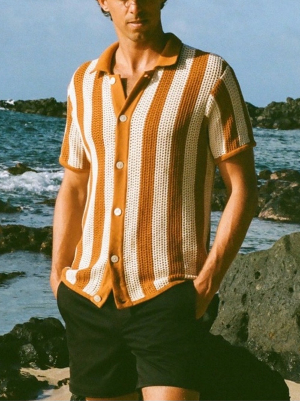 Dandy Del Mar Dominica crocheted orange and cream striped button down shirt XL